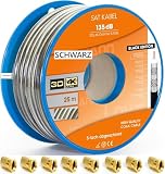 TRENDSKY Schwarz 25m Koaxialkabel 135dB 5-Fach Sat Koax Kabel, Stahl-Kupfer Antennenkabel 4K,8K Verlegekabel +10x F-Steck
