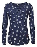 FLEASEE Damen Langarmshirt Rundhals Langarm Oberteile Longshirt Anker Allover Druck mit Kordeln Elegant Bluse Tops, Blau, M