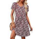 Kleid rot Sommerkleid Damen Summer Dress Elegant Blusenkleid mit Taschen Minikleid Casual Wickelkleid Lässig Freizeit Strandkleid Festliche Kleider Party Outfit A Wine L