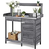 Yaheetech Pflanztisch mit verzinkter Arbeitsplatte, Wetterfest Gärtnertisch Blumentisch Holzpflanztisch mit Unterschrank, Ablagefläche und Schublade für den Garten/Terrasse/Balkon, G