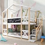 Rtopsu Kinderbett Etagenbett 90x200 cm, Hochbett Baumhausbett mit Treppe und Stauraum Schublade für 2 Kinder, Bett mit Rausfallschutz und Tafeln, Hausbett mit Lattenrost, Natur & Weiß, Ohne M