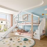 Etagenbett mit Rutsche, Treppe & Stauraum, skandinavisches Design, Massivholzkonstruktion, stabil & sicher, mit Geländer, platzsparend, ideal für Geschwister, EN 747-1:2024 Z