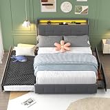 KEYIDE Doppelbett 140x200 mit Ausziehbett, Polsterbett mit USB, LED-Kopfteil und Zwei Schubladen, Bett mit Regal und Lattenrost, Stauraumbett Jugendbett Bettgestell, Ohne Matratze (Grau, 140x200 cm)