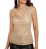 GRACE KARIN Ladies Sparkle Shimmer Elegant Tunika-Oberteil Einfarbiges Ärmelloses Wasserfall Ausschnitt Club Sequin Tank Top Roségold L