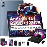 2025 Neuest Tablet Android 14 Tablet 10 Zoll, 22(6+16)GB RAM+128GB ROM/TF 2TB, 8000mAh Akku, 8-Cores CPU, Face ID, Widevine L1, WLAN 6, GPS, BT5.0, 5MP+8MP, Tablet mit Tastatur+Maus, Metallkörper G