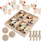 Aohcae Weihnachtsbaumanhänger Holzanhänger Deko, 24 Stück Elch Holz Deko Mit 24 Frohe Weihnachten Aufkleber, Weihnachten Anhänger Holz, Weihnachtsanhänger Kleindeko weihnachtsbaum holz set(a)