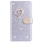 BLOTECH Hülle für Samsung Galaxy S5/S5 Neo,Leder Brieftasche Glitzer Schutzhülle Glänzende Bling 3D Schnalle & Liebe Etui Schale Kartenfächer Magnet HandyCase für Samsung Galaxy S5/S5 Neo,Silbrig