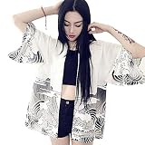 G-LIKE Japanische Kimonos Damen Kleiung - Traditionell Haori Kostüm Robe Tokio Harajuku Drachen Muster Antik Jacke Nachthemd Bademantel Nachtwäsche (Weiß)
