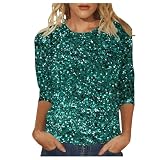 Damen Nachthemd Rundhals Casual Style Pailletten Effekt 3/4 Ärmel 80er Jahre Shirt Damen, minzgrün, S