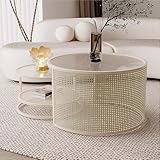 FXLUHAY Couchtisch, Satztische for Wohnzimmer, Weiß/Schwarz, runder Couchtisch aus Glas, 2er-Set, moderner Couchtisch mit offenen Regalen, Boho-Couchtisch, gewebte Designs, stabile Metallb