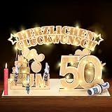 Geldgeschenke 50 Geburtstag,50.Geschenke Dekoration mit LED Lichterkette,Geschenke aus Holz zum 50 Geburtstag Mann Frau，Geldgeschenke Geburtstag Holz für Jungen und M