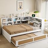 Kinderbett 140x200 mit Ausziehbett und Stauschrank, Daybett Doppelbett Bett Tagesbett Holzbett Stauraumbett mit USB-Ladefunktion für Kinder, Jugendbett Bettgestell Funktionsbett, ohne Matratze, Weiß