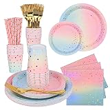 Revivoer Partygeschirr Partyzubehör Pappteller Set, 150 Stück Papier Geschirr Set Einschließlich Tischdecke Teller Becher Servietten zum Geburtstag, Hochzeiten (25 Gäste)
