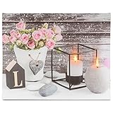 Nexos Trading LED Wandbild Leinwandbild mit Beleuchtung Fotodruck Love 40 x 50 cm Kunstdruck Leuchtbild Landhaus Vintage-Stil flackernde Kerzen Shabby Chick Hü