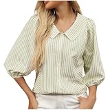 AYSDSKI 3/4-Arm Bluseshirt Damen Streifen Sommerbluse Lockere Puffärmel Oberteile Revers Button-Down Bluse Lässige Sommer Tops Office C