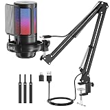 NJSJ Gaming Mikrofon PC mit Arm, USB Microphone für MAC PS4 PS5 mit Stummschalttaste, Popfilter, RGB Mikrofon für YouTube Twitch Podcast Streaming Studio, Schw