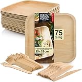Moritz & Moritz 75 tlg Nachhaltiges Palmblatt Geschirr - 25 Teller Einweg 25 x 25 cm - 25 Holzbesteck Einweg - Alternative zu Bambusteller und Bambus G