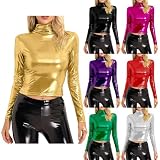 Generisch Metallic Langarmshirts Damen Langarm Glänzende Oberteile Metallic Rollkragenoberteile Schmal geschnittene Crop Top Karneval Festival Kostüm Oberteile Slim Fit Tanztop(A Gold,L)