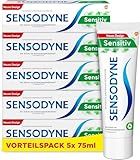 Sensodyne Sensitiv Fluorid Zahncreme, 5x 75ml, tägliche Zahnpasta, bei schmerzempfindlichen Z