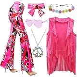 XonyiCos 6 Stück 60er 70er Jahre Hippie Kostüm Disco Outfits Fransenweste Boho Schlaghosen Frieden Zubehör Set Halloween für Frauen Karnevalskostüm (Rosa, XXL)