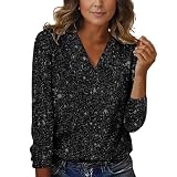 Duohropke Glitzer Oberteile Damen Pailletten Bluse Elegant Lässig Locker Party Oberteil Bedrucktes Mit V-Ausschnitt Casual Oberteile Tunika Tops Slim Fit Lang