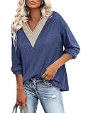 Zeagoo Damen Tshirt Langarm V Ausschnitt Elegant Sweatshirt Casual Locker Oberteile Dankelblau S