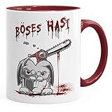 MoonWorks® Kaffee-Tasse Spruch böses Hasi Kettensäge Motiv Horror Bürotasse lustige Kaffeebecher bordeauxrot Keramik-T