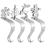 BELLE VOUS 4er Set Silberner Kaminhaken Weihnachtsstrumpf Halter - 4 Muster Schneeflocke, Schneemann, Weihnachtsbaum & Rentier Silber Nikolausstrumpf Halter - Metallklemmen für Kamin Deko W