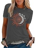Abtel Sommer Damen T-Shirt Sunflower Print Muster Tshirt Kurzarm Shirt Rundhals Basic T Shirt Lose T-Shirts Casual Top Dunkelgrau L