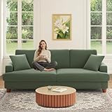 Kidirect Cord Sofa 3 Sitzer, 221CM Bequemes Couch 53CM Extra Tiefe Sitze, Sofa Wohnzimmer Werkzeugfreie Montage, Big Sofa Couch mit 2 Kissen, Modernes Couch fürs Büro, Schlafzimmer Sofas Waldgrü