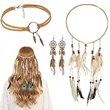 wlertcop 3 Stück Teiliges Indianer Kopf Schmuck Set Boho Traumfänger-Ohrringe Leder Choker Halskette Indian Hippie Boho Feder Stirnband Vintage Hochzeit Schmuck Indianer Schmucks für Hippie Kostü