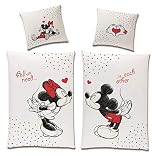 Wende-Bettwäsche Set Disney Classic Mickey und Minnie Mouse in Love 135x200 80x80 cm aus 100% Baumwolle Weiss Rot Partner-Bettwäsche (4-TLG)