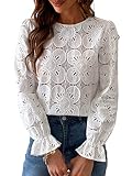 CUPSHE Damen Bluse Blumen Cutout Rundhalsausschnitt Langarm Rüschen Oberteile Casual Shirt Elegant Hemd Tops Weiß XXL