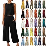 Hosenanzug Damen Gutschein 2 Teilige Outfits Lässige 3/4 Hose Sets Leinen Crop Top Weite Caprihose Trainingsanzüge mit Taschen 2023 Sommer Leinenhose Festlich Sportlich Hosenanzug Streetw