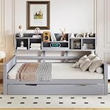 Daybett Doppelbett 140x200cm, Massivholz Tagesbett mit Ausziehbett & Staufach & Bücherregal, Kinderbett Holzbett Jugendbett Stauraumbett Funktionsbett, Bettgestell mit Lattenrost, Ohne Matratze, G