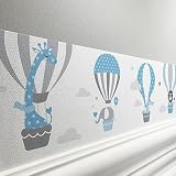 lovely label Bordüre selbstklebend HEISSLUFTBALLON BLAU GRAU - Wandbordüre Kinderzimmer Babyzimmer mit fliegenden Tieren - Wandtattoo Schlafzimmer Junge – Wanddeko Baby