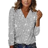 Dasongff Glitzer T-Shirt Langarm V Ausschnitt Glänzendes Glitzer Top Tee Hemden Pullover Tunika Lässig Glitzer Oberteile Langarmshirt Große Größen Glitzertop B
