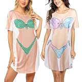 Ekouaer Shirt Bikini Aufdruck Damen Strandkleid Sexy Kurzarm T-Shirt Strandponcho Sommer Kurz Shirts Tops Fun Leicht 2pcs, Grün+glänzend, XXL