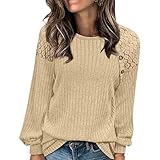 Oberteil in Übergröße für Damen, lockere Spitze, langärmelig, Blusen, Hemd, Oversize, Raglan-Knöpfen, plissiert, Baggy-T-Shirt, Blumenspitze, Rundhalsausschnitt, Patchwork, Tunika, Tops, Lace2_Khaki,