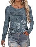 Rapbin Bluse Damen Rundhals Langarmshirt Mit Falten Lässig Pullover Herbst Elegant Locker Frauen Oberteil Blumen Tunika Shirts 2025(Grau Blumen,XL)