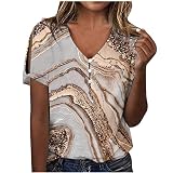 Bluse Damen Mode Knopfleiste V-Ausschnitt Shirt Sommer Kurzarm Tshirt Tunika Tops Schulterfrei T-Shirt Oberteile mit Blumendruck Pullover Party Blusentops Teenager Mädchen Blusenshirt Große Größ