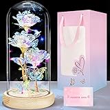 YiWeel Geschenke für Frauen, Ewige Rose im Glas mit Licht,Sparkly Galaxy Rose mit 3D Schmetterling,Schöne und das Biest Rose in Glaskuppel,LED Glas Infinity Rosen,Muttertagsgeschenke für M