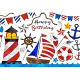 DORCEV 1,8 x 1,2 m Happy Birthday Hintergrund Ruder Cartoon Flaggen Leuchtturm Marine Schiff Seefahrt Reise Boot Navigation Anker Fotografie Hintergrund Kinder nautisches Thema Geburtstag Party B