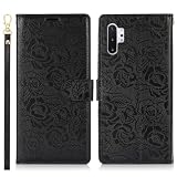 Handy-Geldbörsenhülle Kompatibel mit Samsung Galaxy Note 10 Plus Wallet Case, PU-Leder-Magnetverschluss-Flip-Folio-Case mit Kartenhaltern, Ständer und Trageband, stoßfeste TPU-Innenschale(Black)