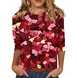 Damen-T-Shirt, bedruckt, langärmelig, Rundhalsausschnitt, Blusen, 3/4-Ärmel, Liebesherz, Grafikdruck, lockere Passform, Urlaubsoberteile, Y2K, Langarm-Tops, Übergröße, Damen-Oberteil, Hot Pink1, L