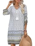 Zeagoo Damen Sommerkleid Bohemian Freizeitkleid Sommer 3/4-Arm Strandtunika Knielanges T Shirt Kleider Strandkleid Weiß XXL