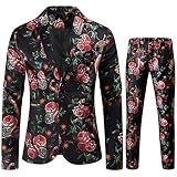 Herrenanzug mit Valentinstagsmotiv, romantischer Blazer und Hose, Valentinstag-Anzug für Männer, Herz- und Blumenmuster, Herz- und Rosen-Print Blazer für Herren, Schwarz , M