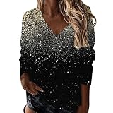 Langarmshirt Damen V-Ausschnitt Pullover mit Pailletten Drucken Rundhals T Shirt Langarm Sweatshirt Große Größen Lockere Lässige Langarmshirts für Frauen Party Oberteil Tunika Top Bluse Long