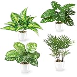 PASCH® 4er Set Tropische Kunstpflanzen wie echt (25cm) in weißen Keramiktöpfen: u.a. Monstera künstlich & Areca Kunstpalme | Künstliche Pflanzen im Topf | Fake Plant | Kunstblumen im Top