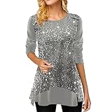 Festliches Oberteil Damen Glitzer Tunika Damen Elegant Pailletten Oberteil Festliche Party Bluse Shirt Langarm Rundhals Glitzer Oberteile Langarmshirt Große Größen Glitzertop B